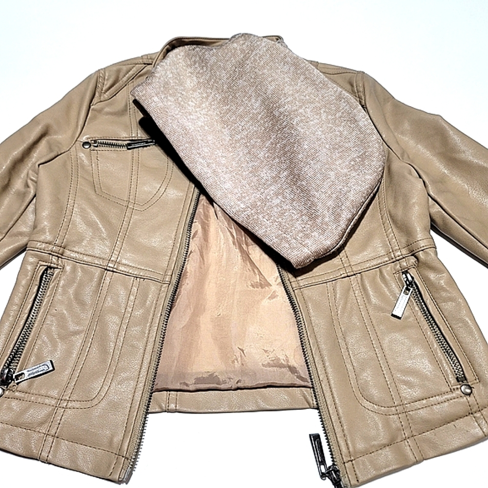 Jou Jou Vegan Creme Juniors' Hoodie Faux-Leather Moto Jacket
